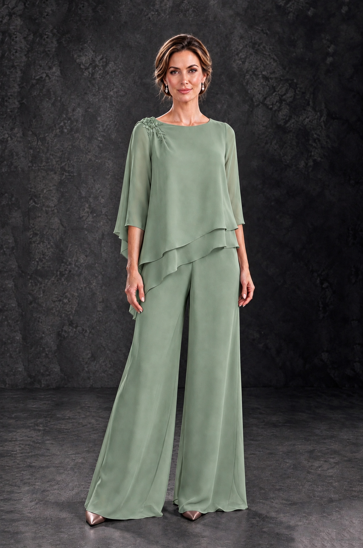 BOLODOO Sage Green Layered Wide-Leg Mother of the Bride Pant Suit - Sage Green - Sage Green_1