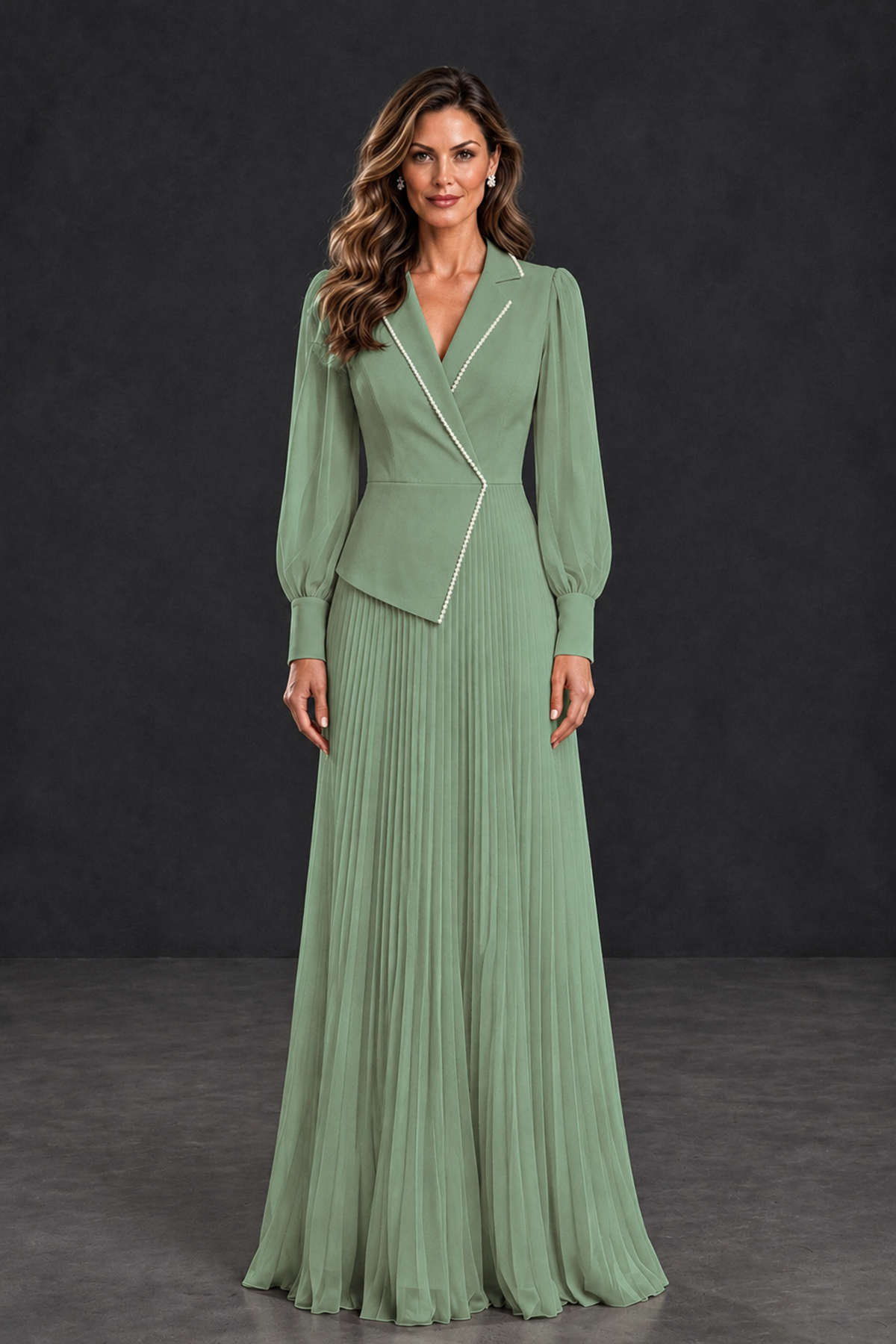 BOLODOO Sage Green Long Sleeve Pleated Mother of the Bride Dress - Sage Green - Sage Green_1