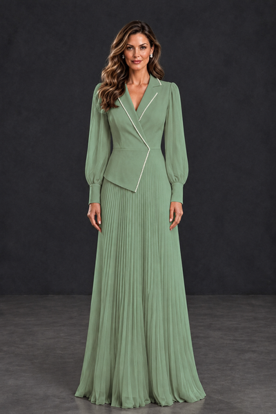 BOLODOO Sage Green Long Sleeve Pleated Mother of the Bride Dress - Sage Green - Sage Green_1
