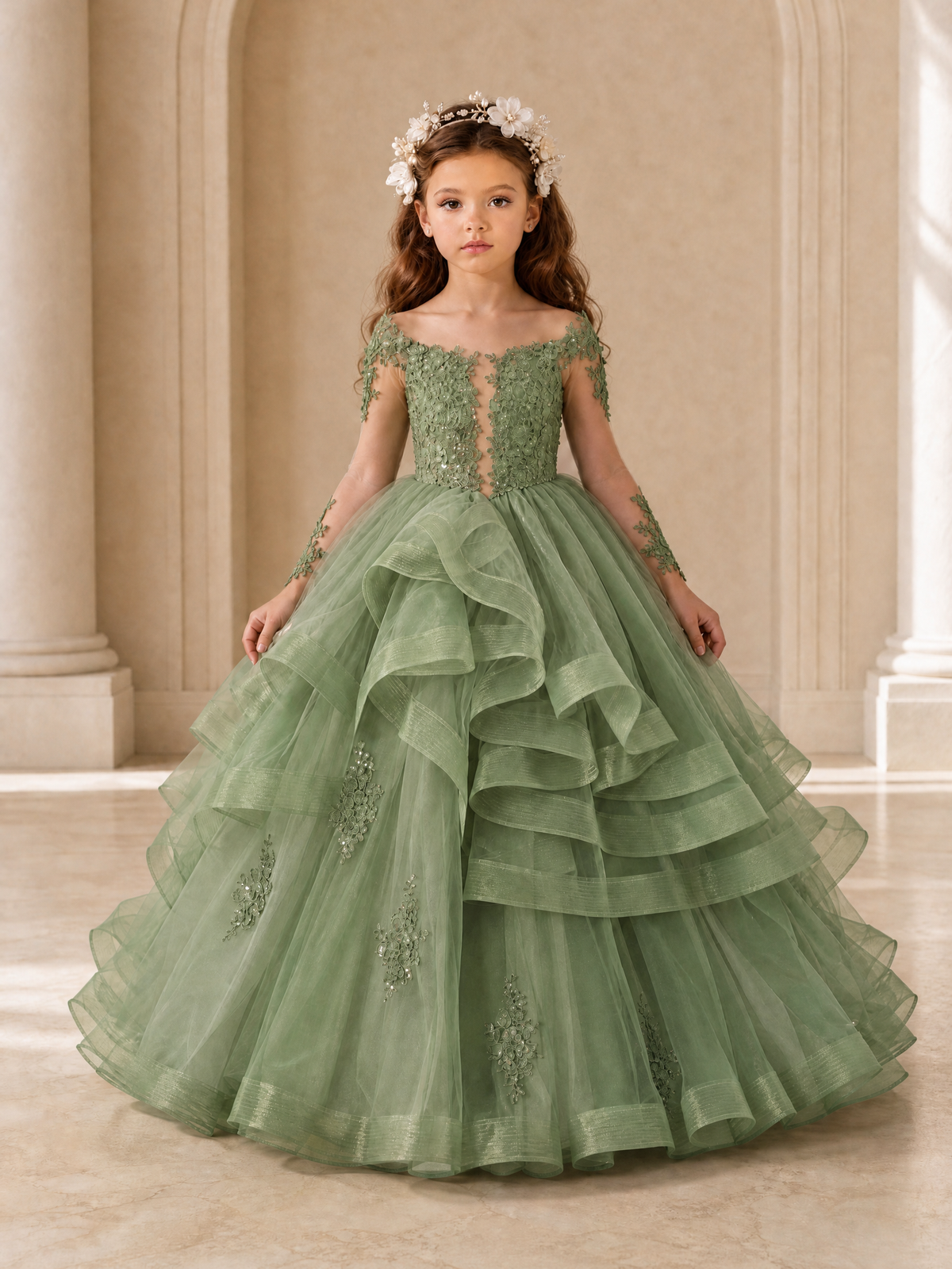 BOLODOO Sage Green Lace Long Sleeve Tiered Flower Girl Dress - Sage Green - Sage_Green_1