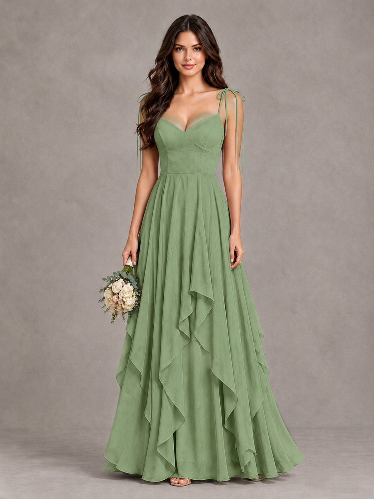 BOLODOO Sage Green Tie-Strap Ruffle A-Line Bridesmaid Dress - Sage Green - Sage Green_1