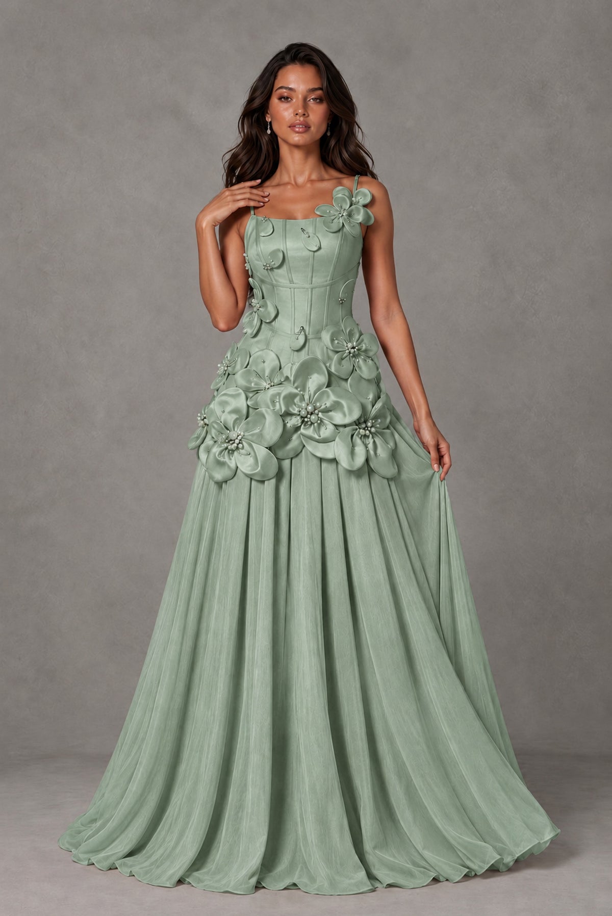BOLODOO Sage Green 3D Floral Appliqué Floor-Length A-Line Evening Gown - Sage Green