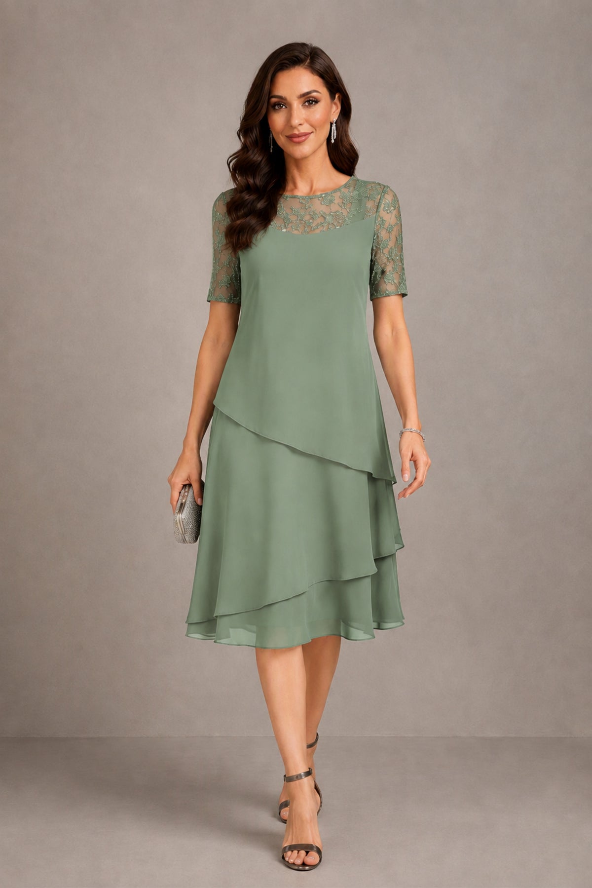 BOLODOO Sage Green Illusion Lace Short Sleeve Tiered Chiffon Tea Length Dress | Mother of the Bride Midi Dress - Sage Green