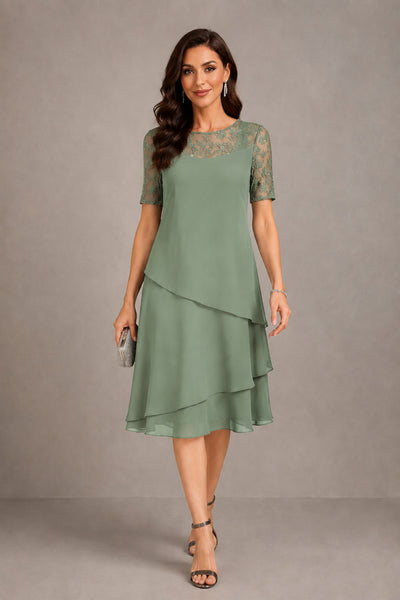 BOLODOO Sage Green Illusion Lace Short Sleeve Tiered Chiffon Tea Length Dress | Mother of the Bride Midi Dress - Sage Green