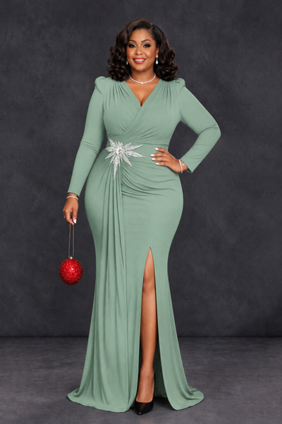 BOLODOO Sage Green Plus Size Long Sleeve V-Neck Mother of the Bride Dress with Slit - Sage Green - Sage Green_1