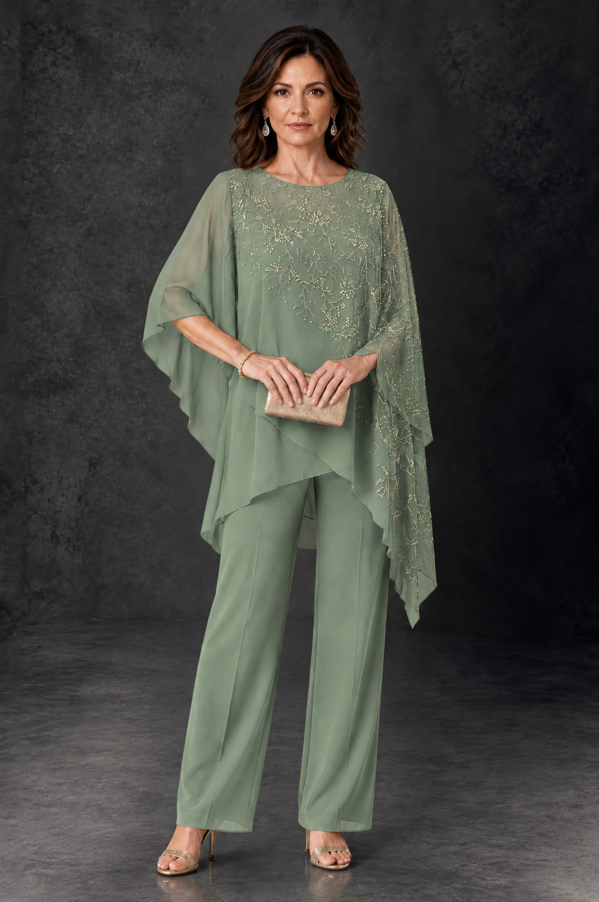 BOLODOO Sage Green Embellished Cape Pant Suit for Mother of the Bride - Sage Green - Sage_Green_1