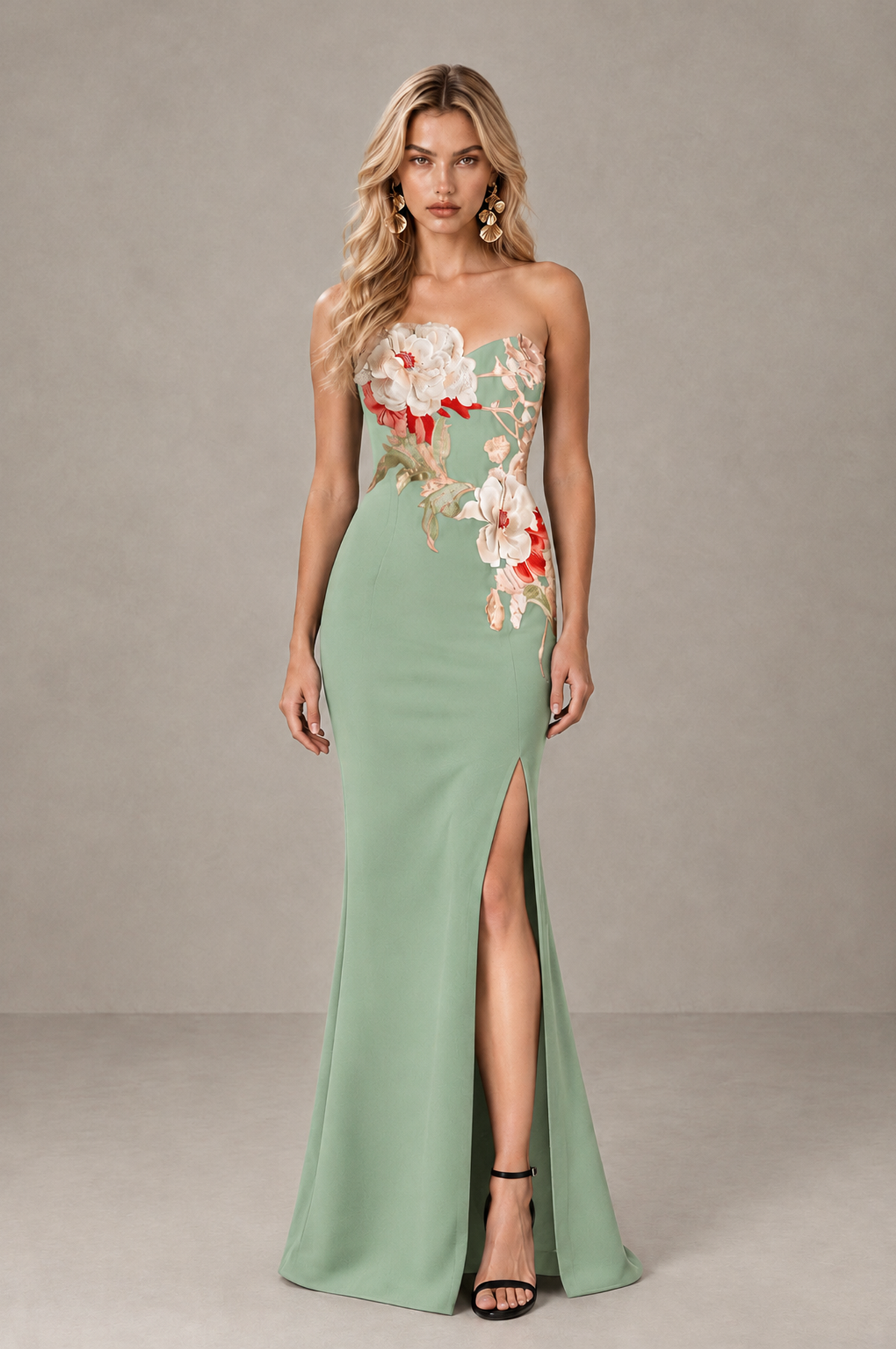 BOLODOO Sage Green Strapless Floral Mermaid Evening Dress with Slit - Sage Green - Sage_Green_1