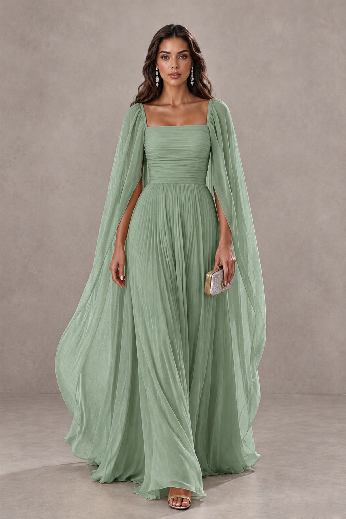 BOLODOO Sage Green Square Neck Cape Sleeve A-Line Evening Dress - Sage Green - Sage_Green_1