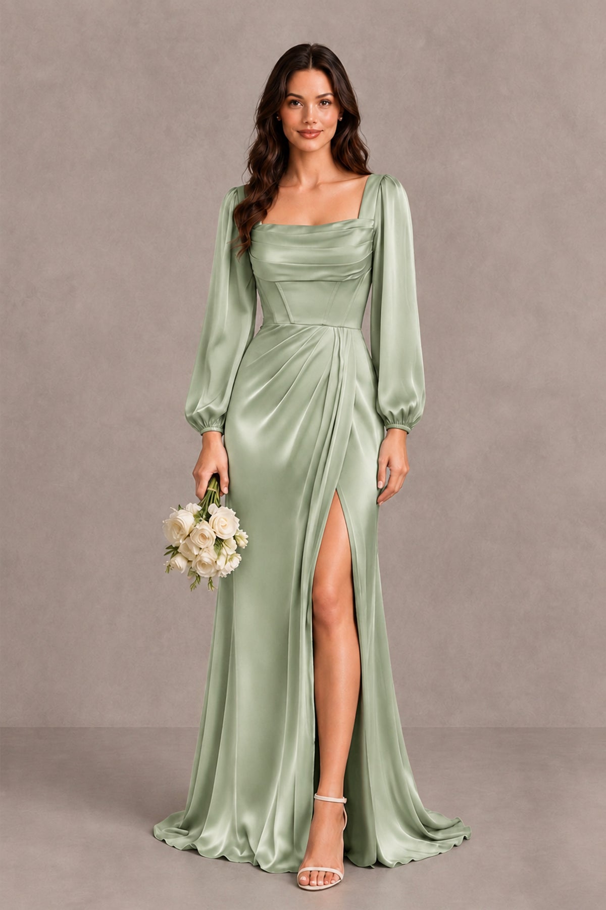 BOLODOO Sage Green Satin-Look Long Sleeve Evening Dress with High Slit - Sage Green - Sage Green_1