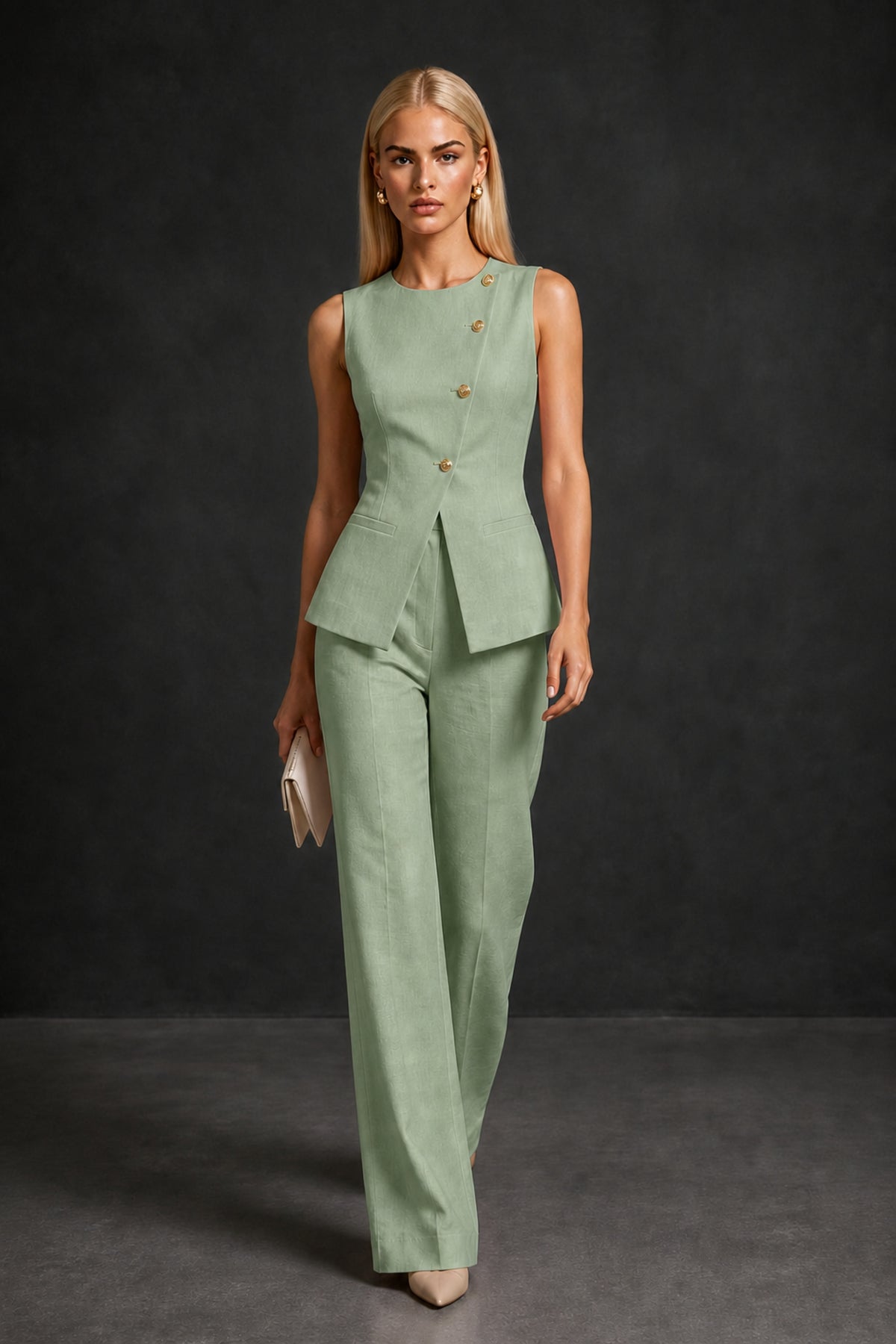 BOLODOO Sage Green Sleeveless Vest Top & Wide-Leg Trousers Two-Piece Suit Set – Sage Green Button Asymmetric Formal Set - Sage Green