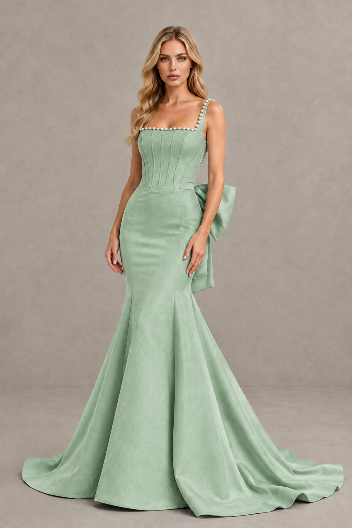 BOLODOO Sage Green Pearl-Trim Mermaid Prom Dress with Back Bow - Sage Green - Sage_Green_1