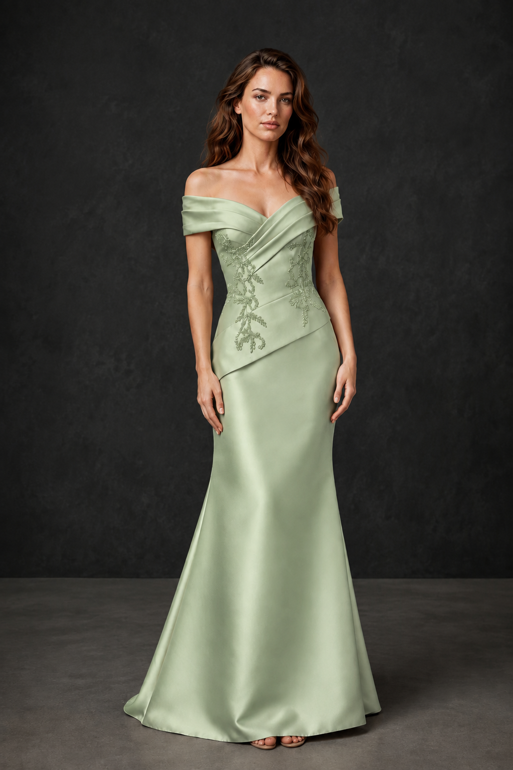 BOLODOO Sage Green Satin Off-Shoulder Sweetheart Asymmetric Peplum Mermaid Gown with Sage Green Floral Embroidery | MOB Evening Dress - Sage Green