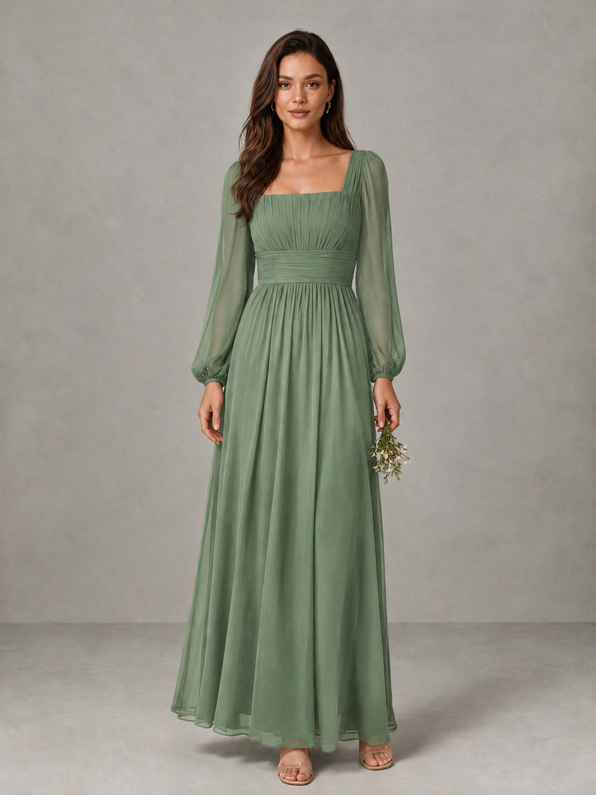 BOLODOO Sage Green Square Neck Long Sleeve Chiffon Bridesmaid Dress - Sage Green - Sage Green_1