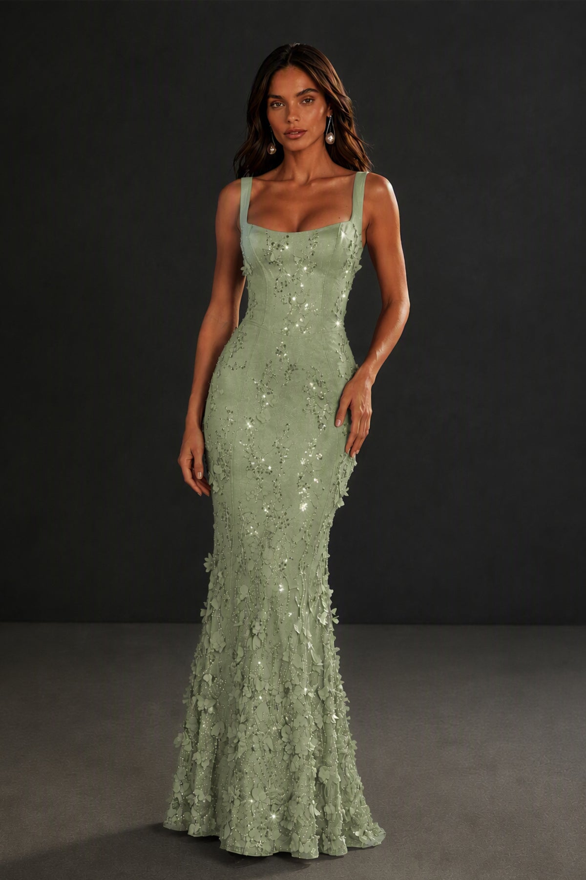 BOLODOO Sage Green Sequin 3D Floral Mermaid Maxi Gown – Lace-Up Back Formal Dress - Sage Green