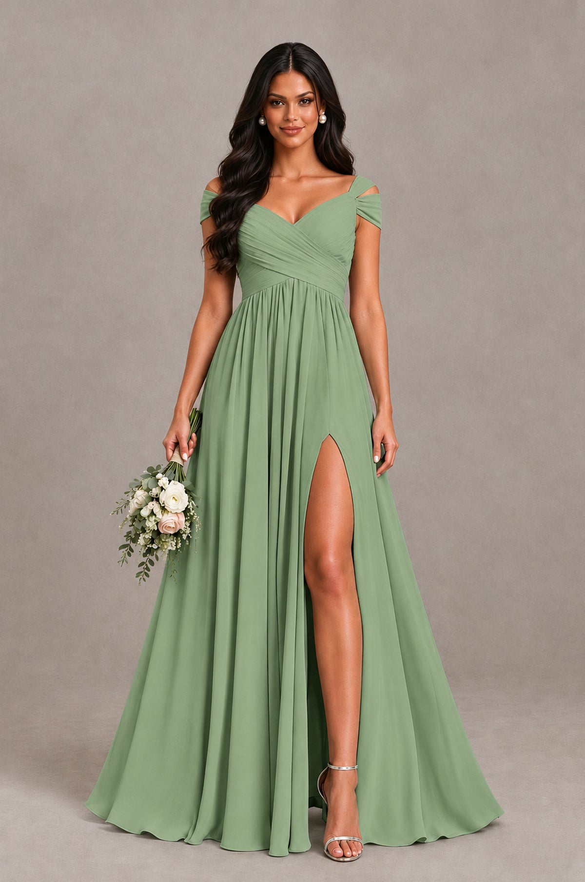 BOLODOO Sage Green Cold Shoulder Chiffon Evening Dress with V Neck and High Slit - Sage Green - Sage Green_1