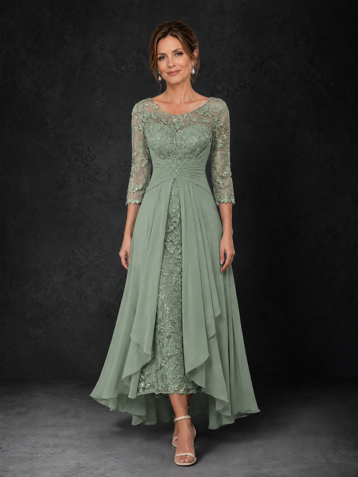 BOLODOO Sage Green Sequin Lace & Chiffon Tea-Length Mother of the Bride Dress with 3/4 Sleeves - Sage Green