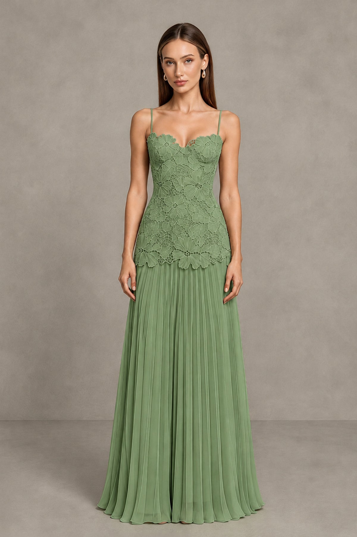 BOLODOO Sage Green Lace Bodice Pleated Wedding Guest Dress - Sage Green - Sage Green_1