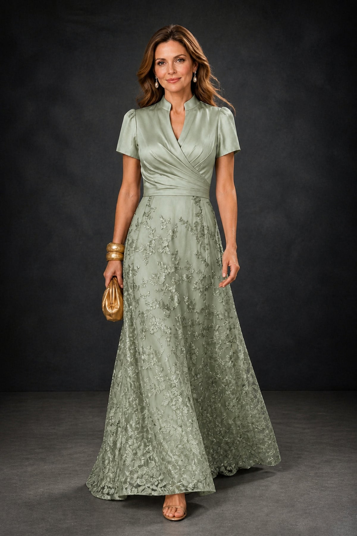 BOLODOO Sage Green Satin Wrap V-Neck Short Sleeve Lace Glitter A-Line Floor Length Evening Gown – Formal Dress - Sage Green