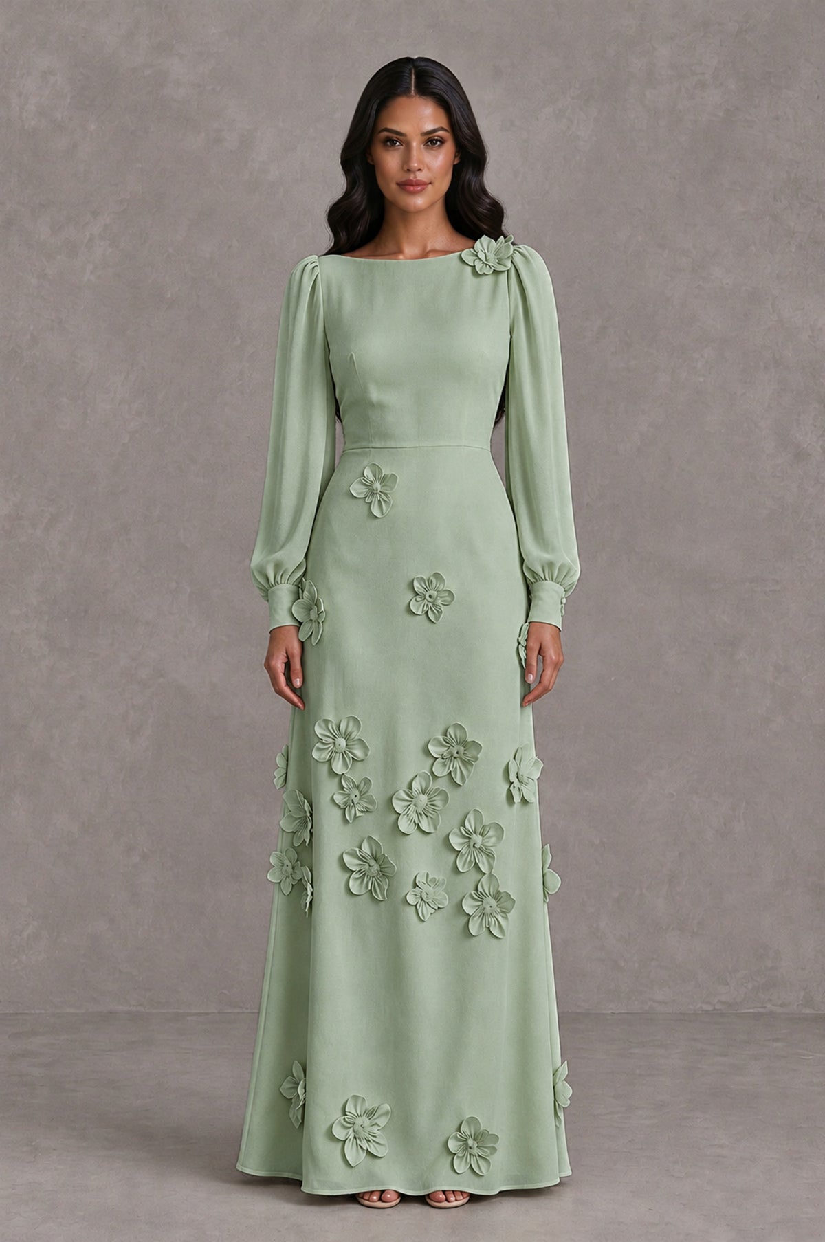 BOLODOO Sage Green Long Sleeve Floral Applique A-Line Evening Dress - Sage Green - Sage Green_1