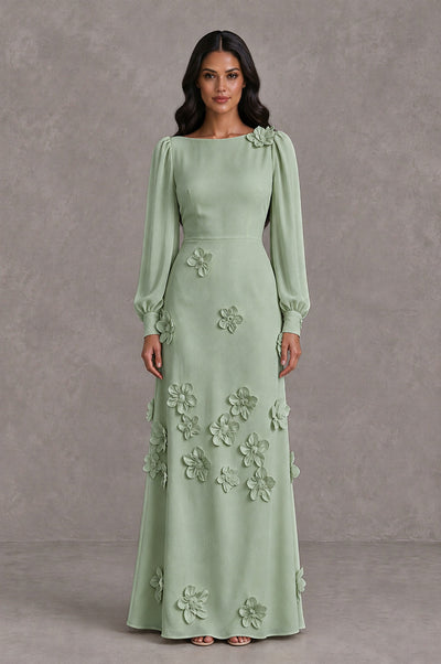 BOLODOO Sage Green Long Sleeve Floral Applique A-Line Evening Dress - Sage Green - Sage Green_1