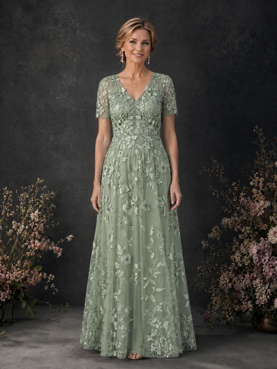 BOLODOO Sage Green 3D Floral Embroidered Lace V-Neck Short Sleeve A-Line Maxi Dress - Sage Green