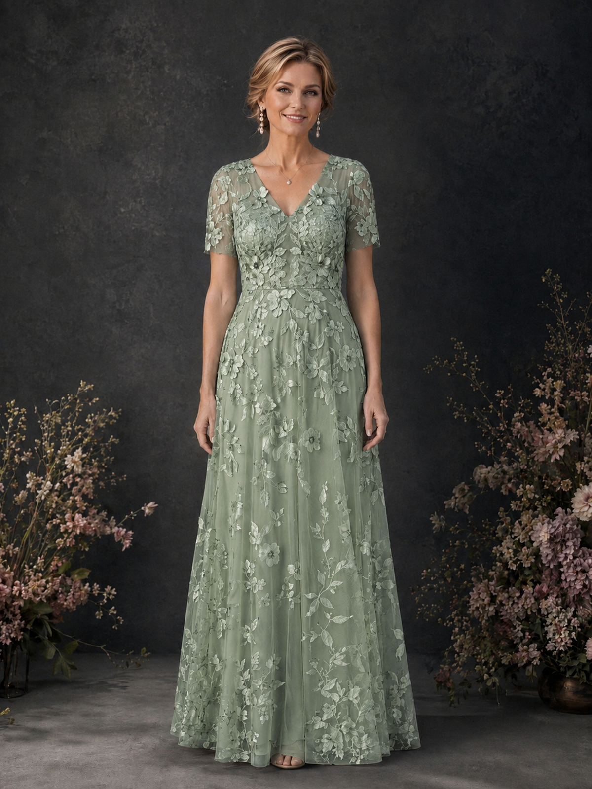 BOLODOO Sage Green 3D Floral Embroidered Lace V-Neck Short Sleeve A-Line Maxi Dress - Sage Green