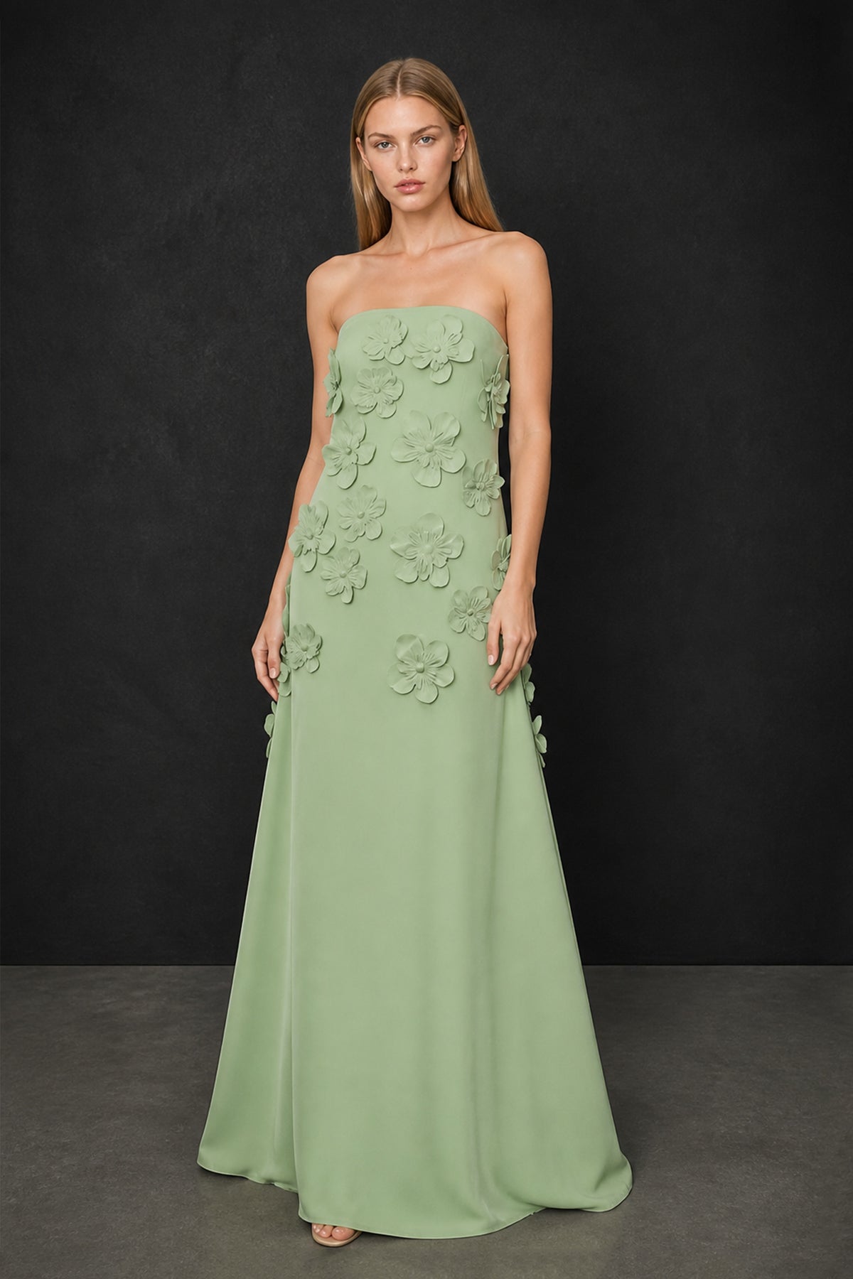 BOLODOO Sage Green Strapless 3D Floral Appliqué Crepe Mermaid Maxi Gown - Sage Green