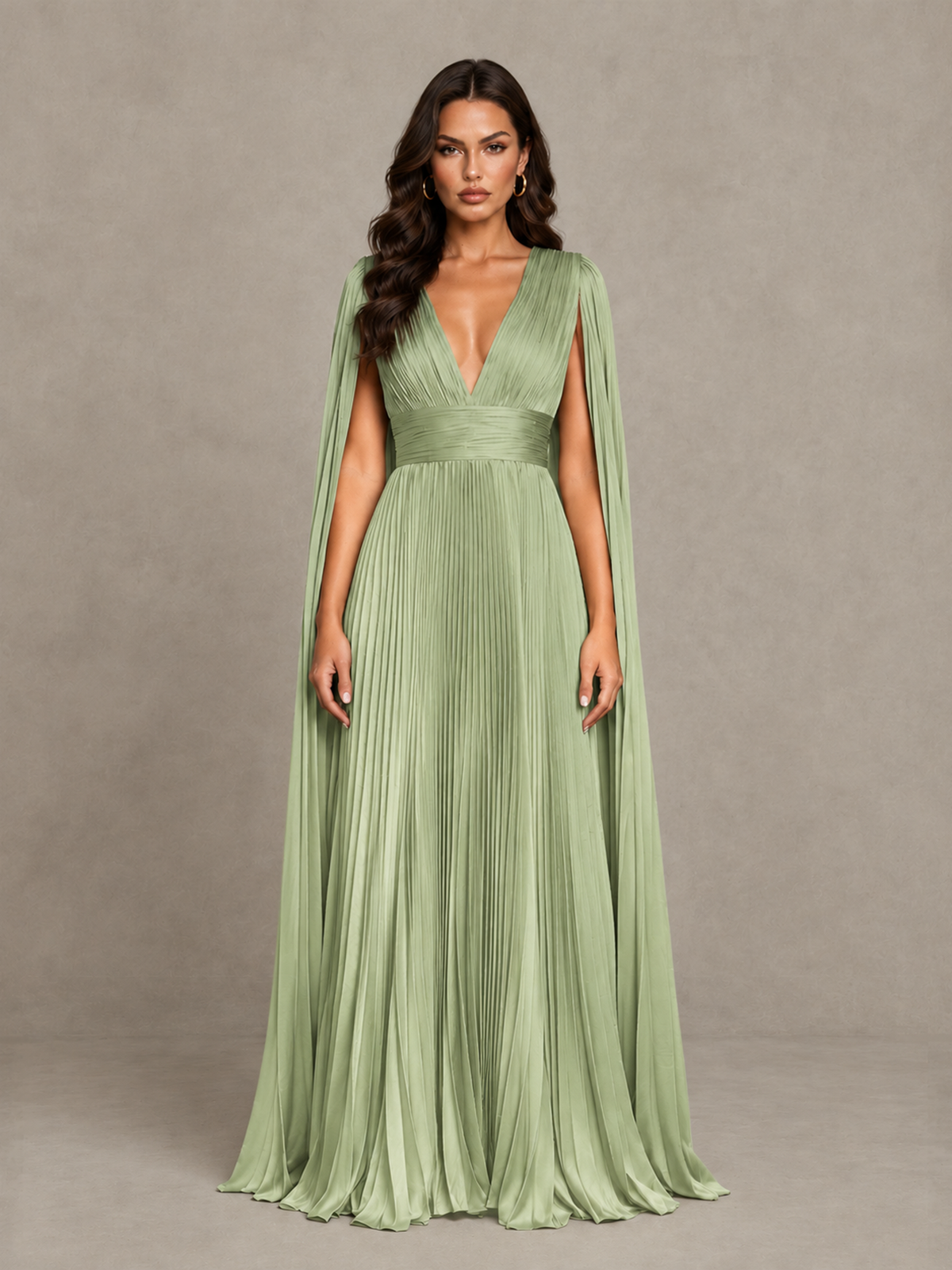 BOLODOO Sage Green Deep V-Neck Pleated Cape Sleeve Evening Gown - Sage Green - Sage Green_1