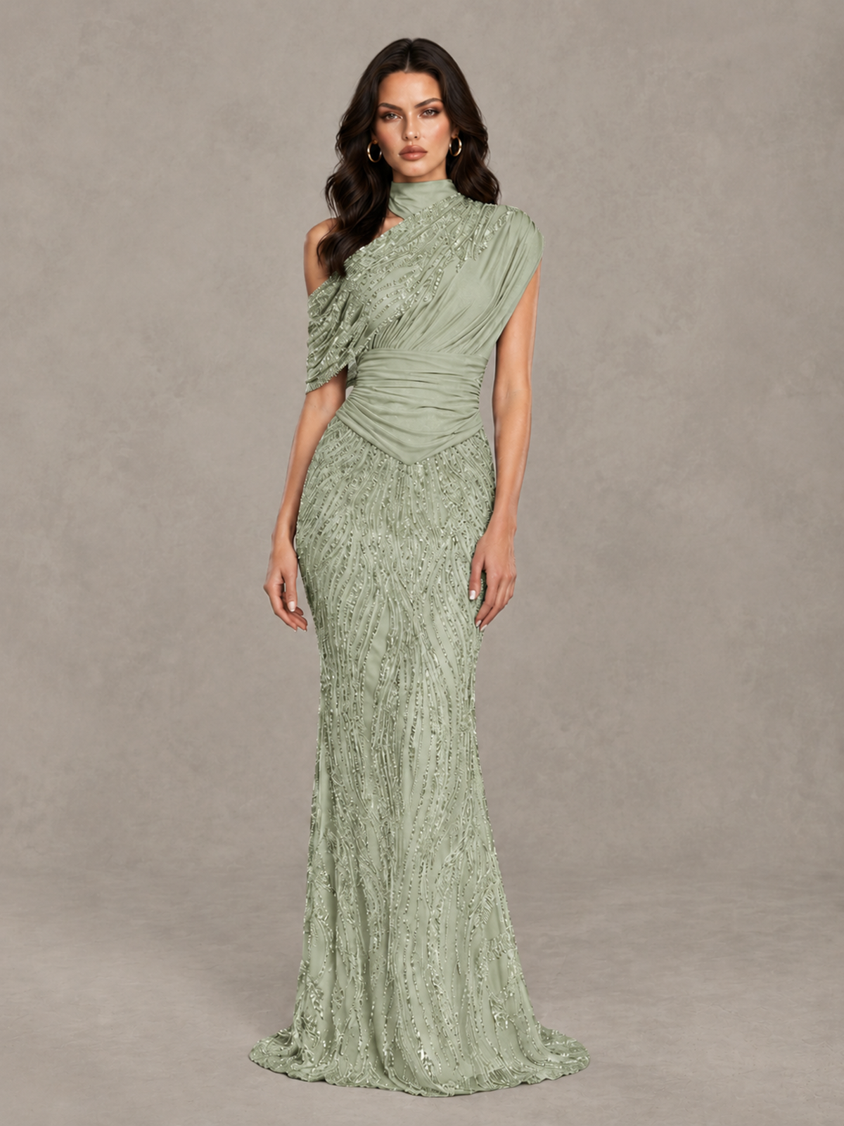 BOLODOO Sage Green High Neck Draped Sequin Mermaid Evening Gown - Sage Green - Sage Green_1