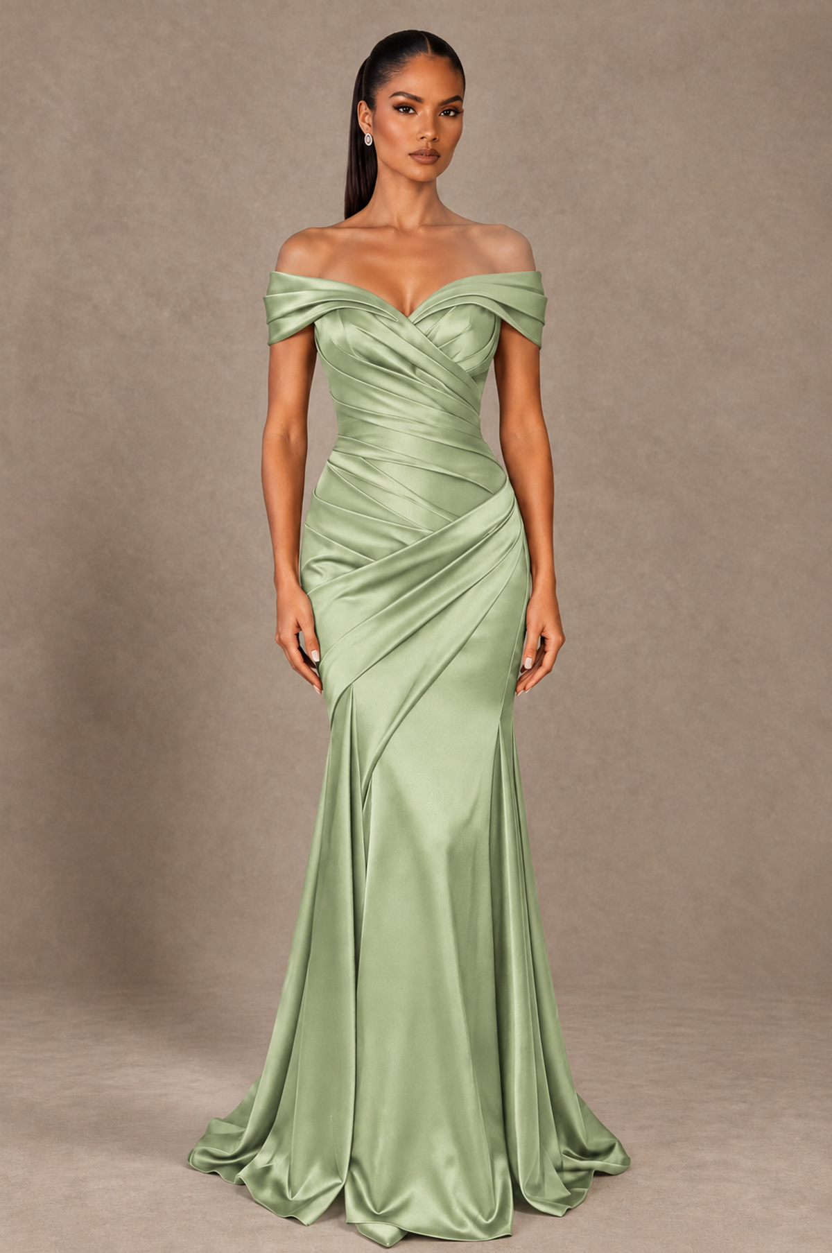 BOLODOO Sage Green Off-the-Shoulder Ruched Satin Mermaid Evening Dress - Sage Green - Sage_Green_1