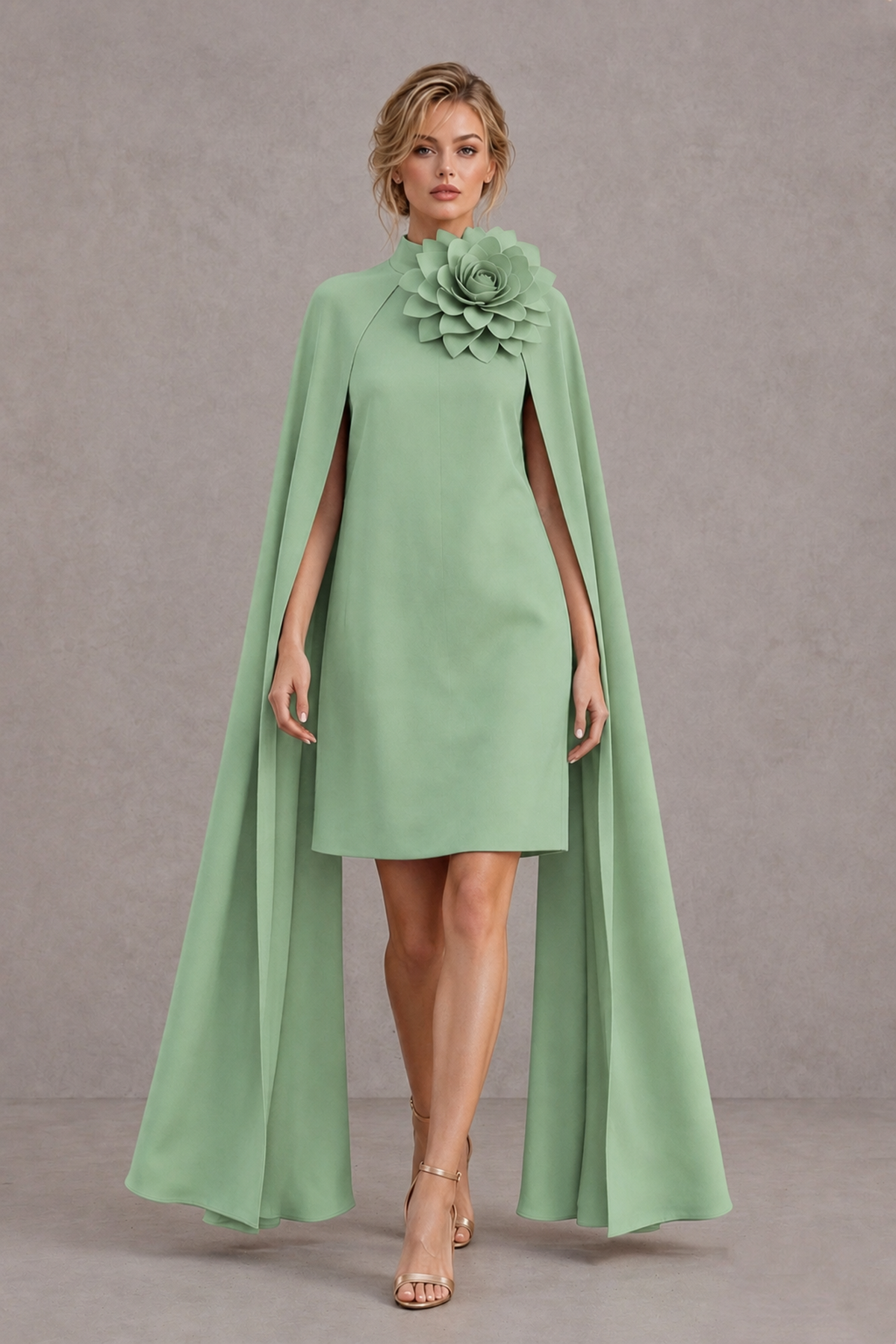 BOLODOO Sage Green High Neck Floral Cape Mini Cocktail Dress - Sage Green - Sage Green_1