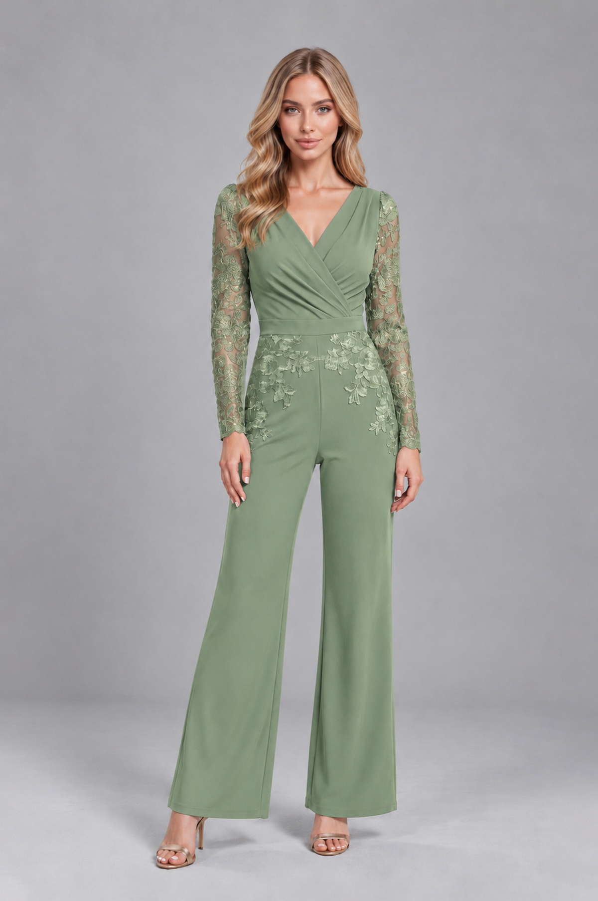 BOLODOO Sage Green Lace Long-Sleeve V-Neck Mother Pant Suit - Sage Green - Sage Green_1