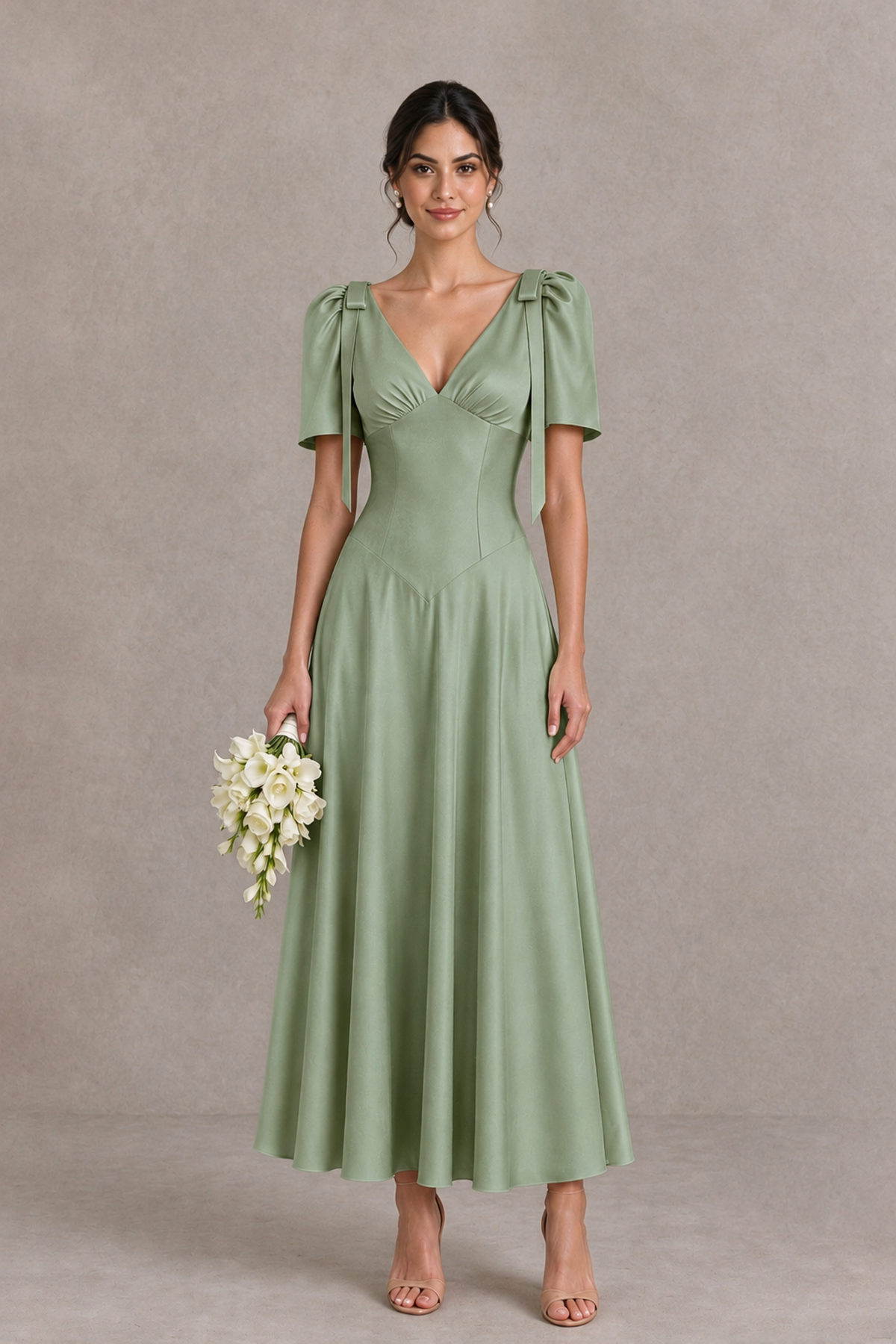BOLODOO Sage Green V-Neck Short Sleeve Satin-Look Bridesmaid Dress with Shoulder Bows - Sage Green - Sage Green_1