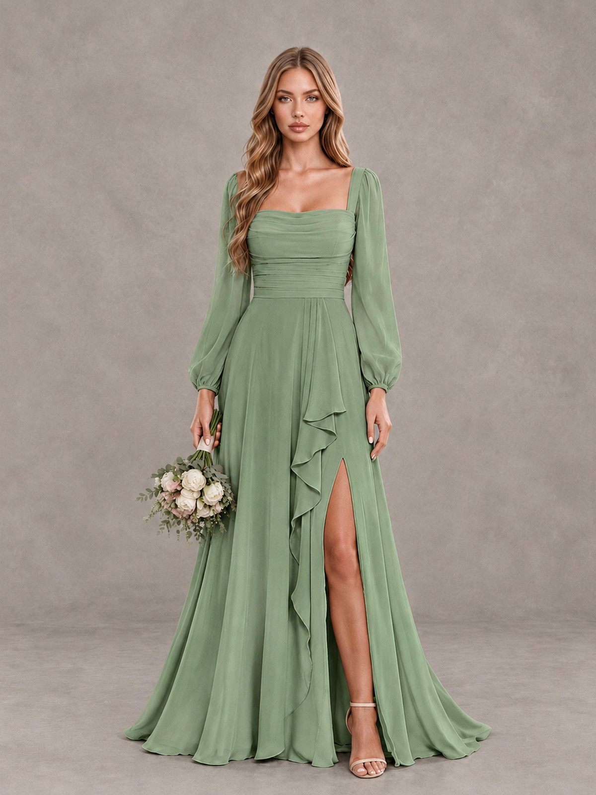 BOLODOO Sage Green Square Neck Long Sleeve Bridesmaid Dress with Ruffle Slit - Sage Green - Sage Green_1