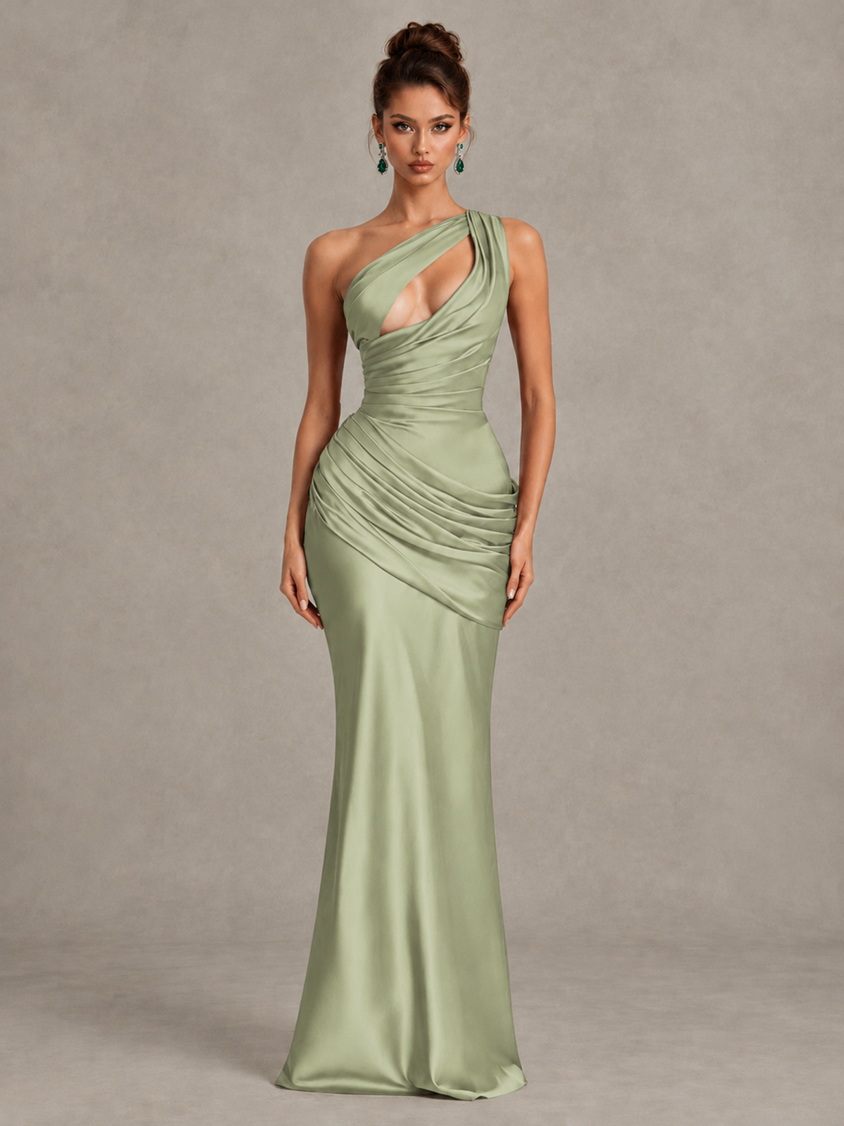BOLODOO Sage Green One-Shoulder Cutout Satin Mermaid Prom Dress - Sage Green - Sage Green_1