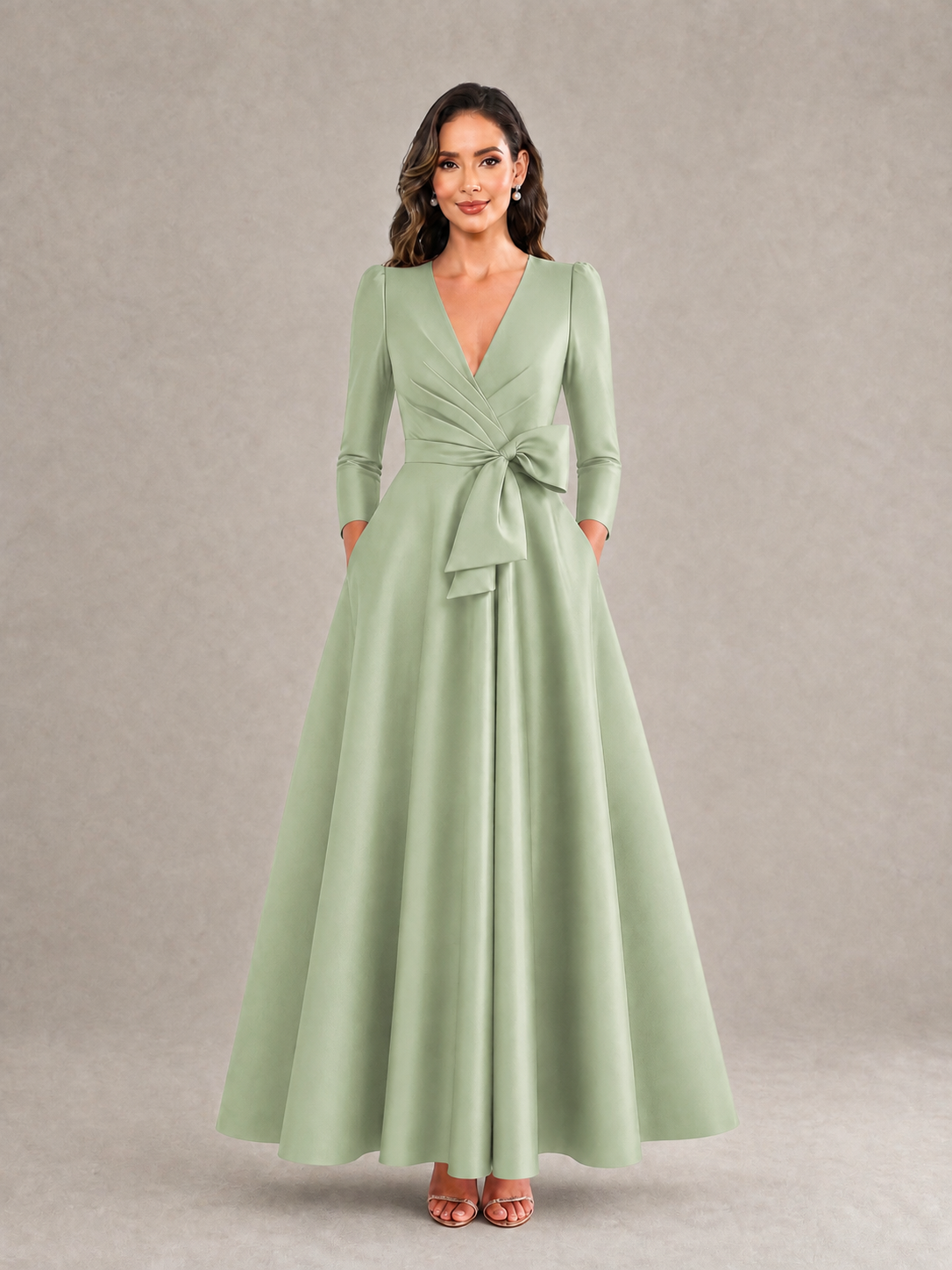 BOLODOO Sage Green Satin Deep V-Neck Wrap 3/4 Puff Sleeve A-Line Ball Gown Maxi Dress with Oversized Bow Belt - Sage Green