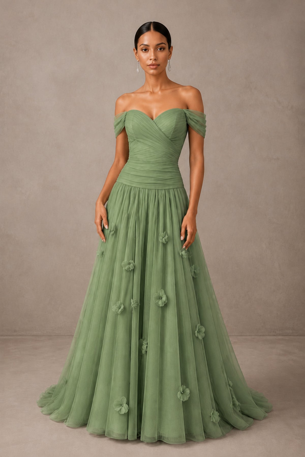 Sage Green Off-Shoulder Sweetheart A-Line Tulle Gown with 3D Floral Appliques | BOLODOO - Sage Green