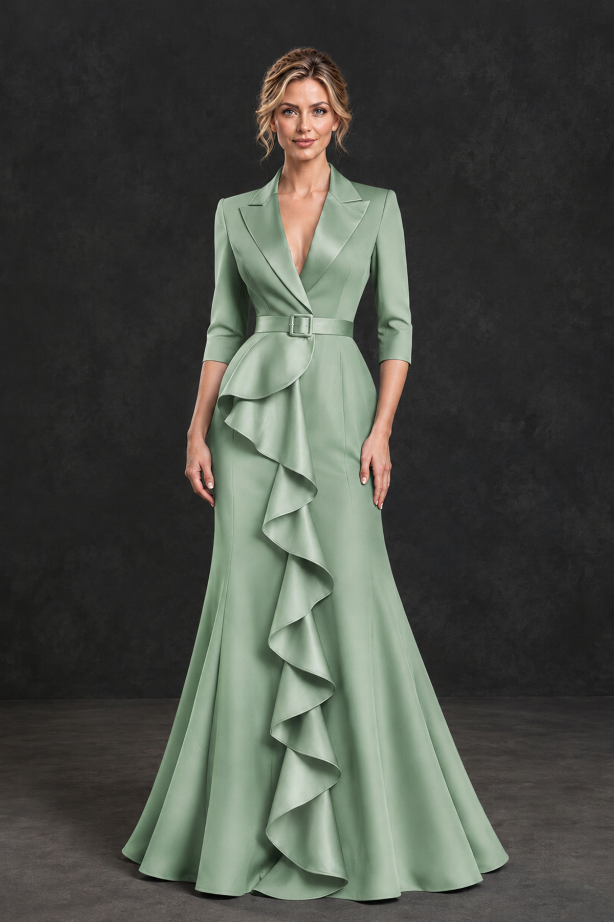BOLODOO Sage Green Lapel Ruffle Mother of the Bride Dress with Belt - Sage Green - Sage Green_1