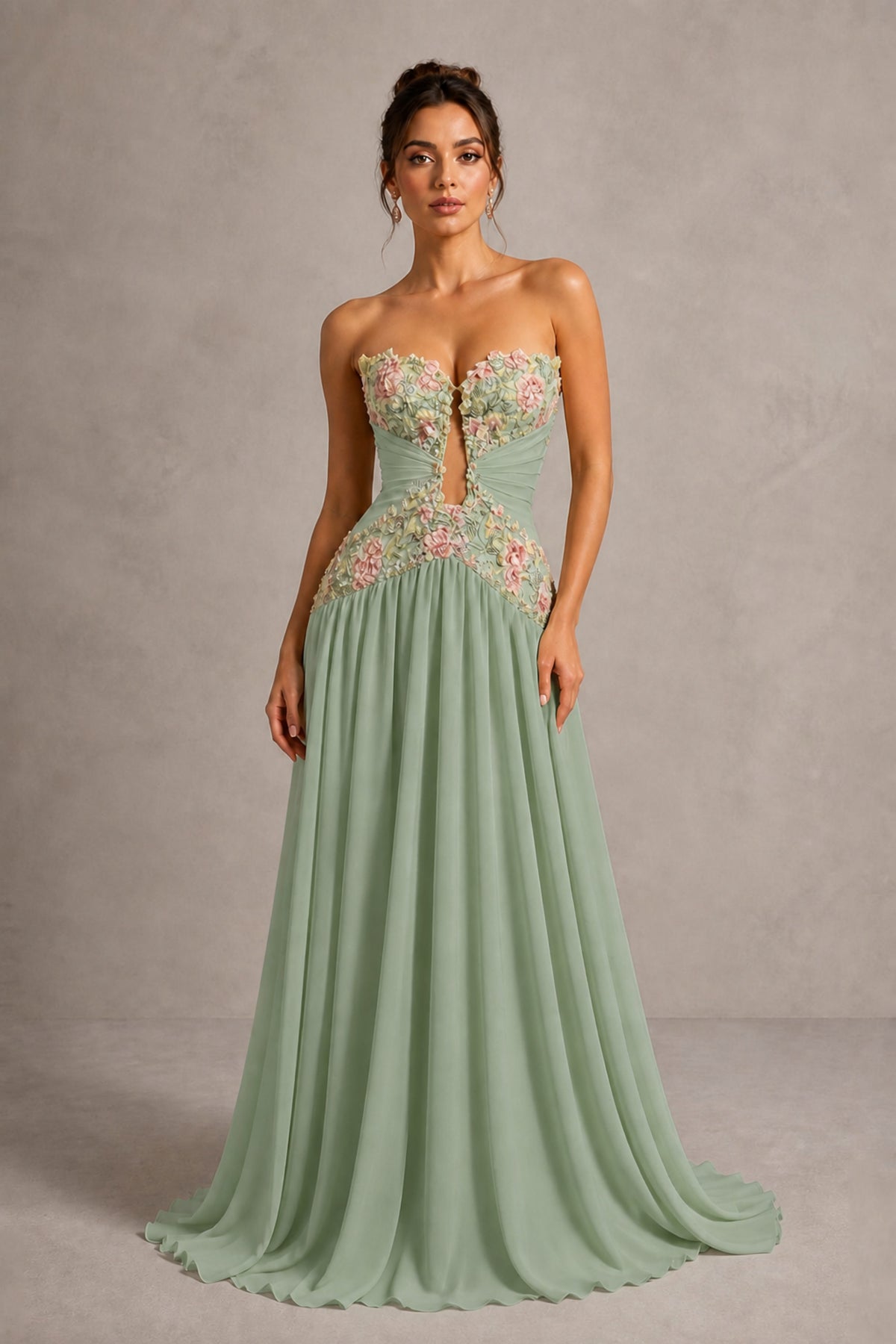 Sage Green Strapless Sweetheart A-Line Chiffon Gown with 3D Floral Appliques & Cutout | BOLODOO - Sage Green