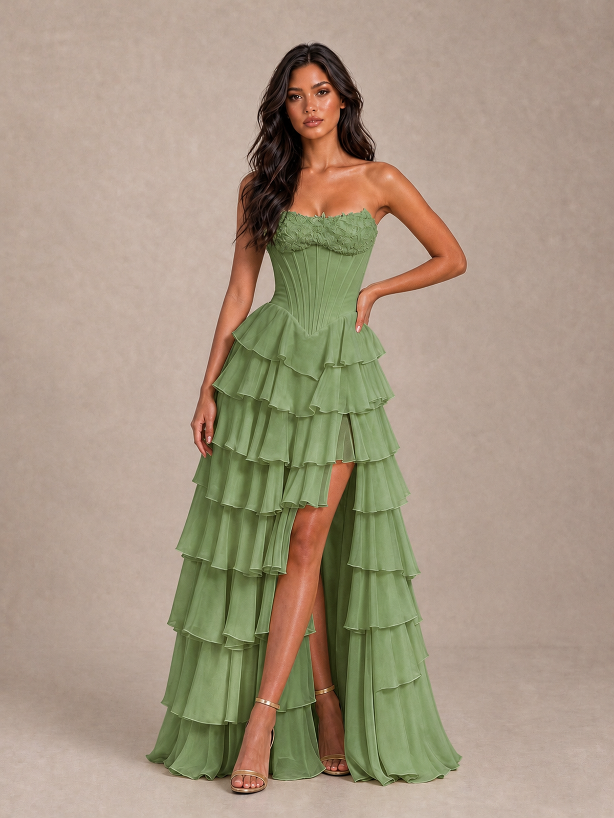 BOLODOO Sage Green Strapless Corset Tiered Ruffle Prom Dress with High Slit - Sage Green - Sage Green_1