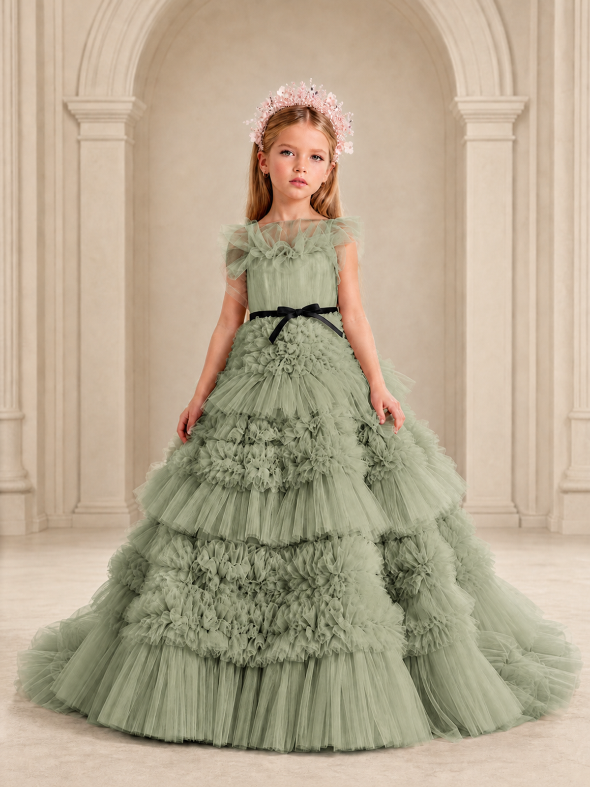 BOLODOO Sage Green Tiered Tulle Flower Girl Dress with Floral Appliques - Sage Green - Sage Green_1