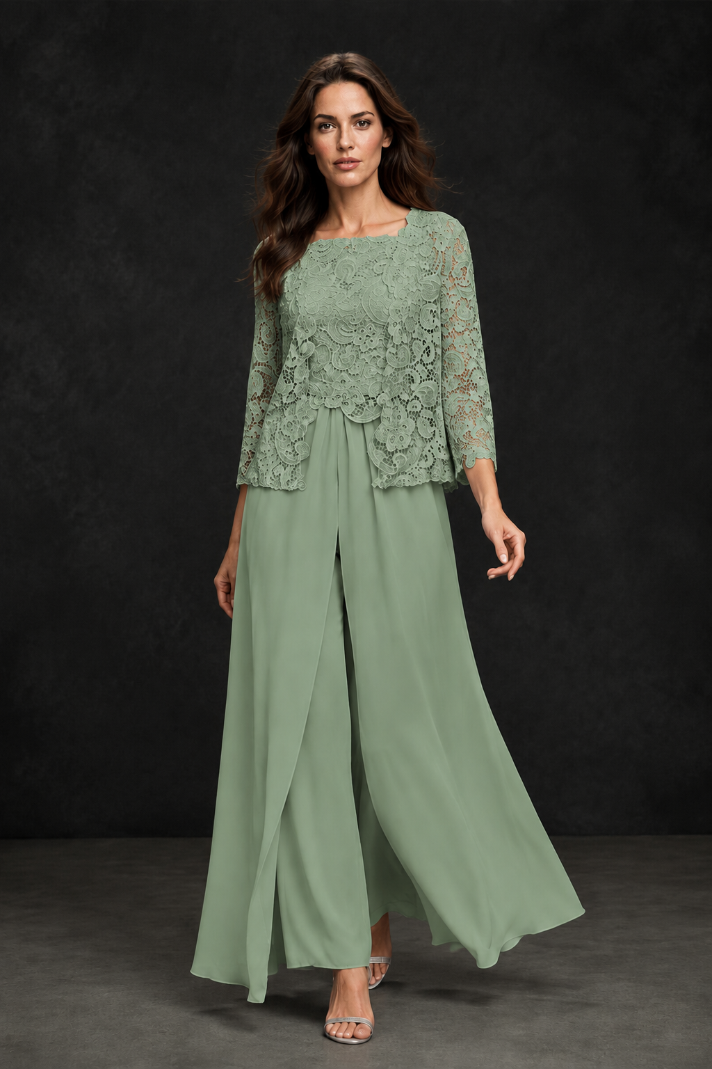 BOLODOO Sage Green Grey Lace Peplum Top & Wide-Leg Chiffon Pants Set | Mother of the Bride & Formal Evening Outfit - Sage Green