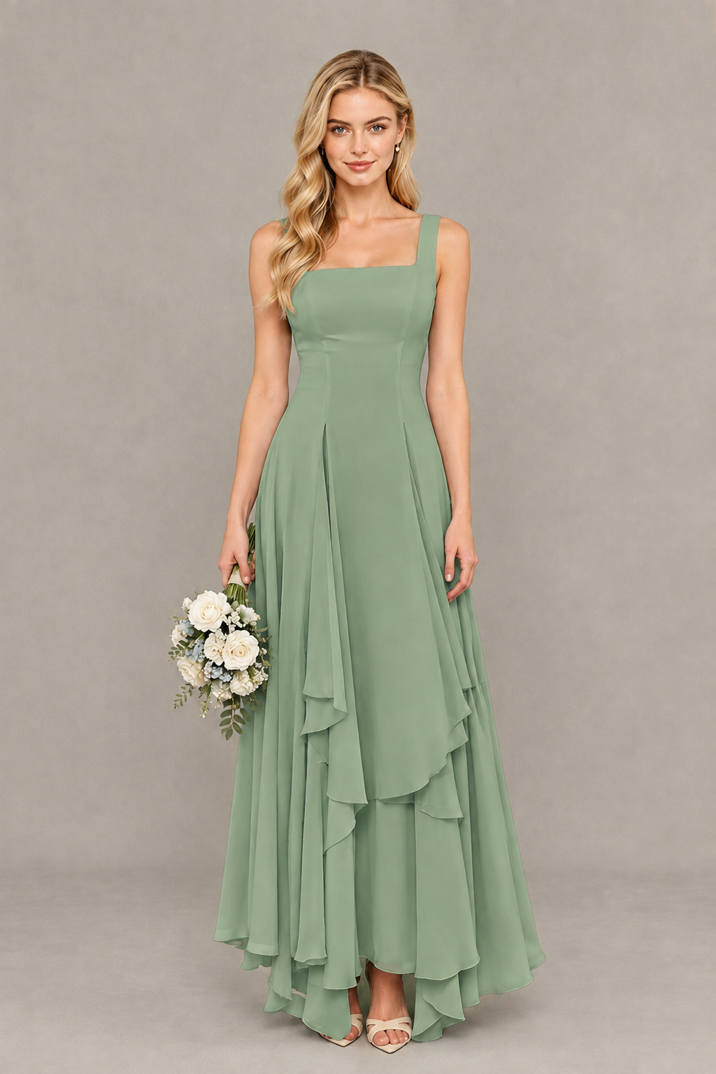 BOLODOO Sage Green Square Neck Chiffon Bridesmaid Dress with Lace-Up Back - Sage Green