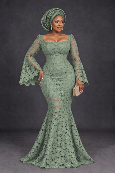BOLODOO Sage Green African Lace Mermaid Dress, Plus Size Nigerian Wedding Guest Gown with Bell Sleeves - Sage Green - Sage Green_1