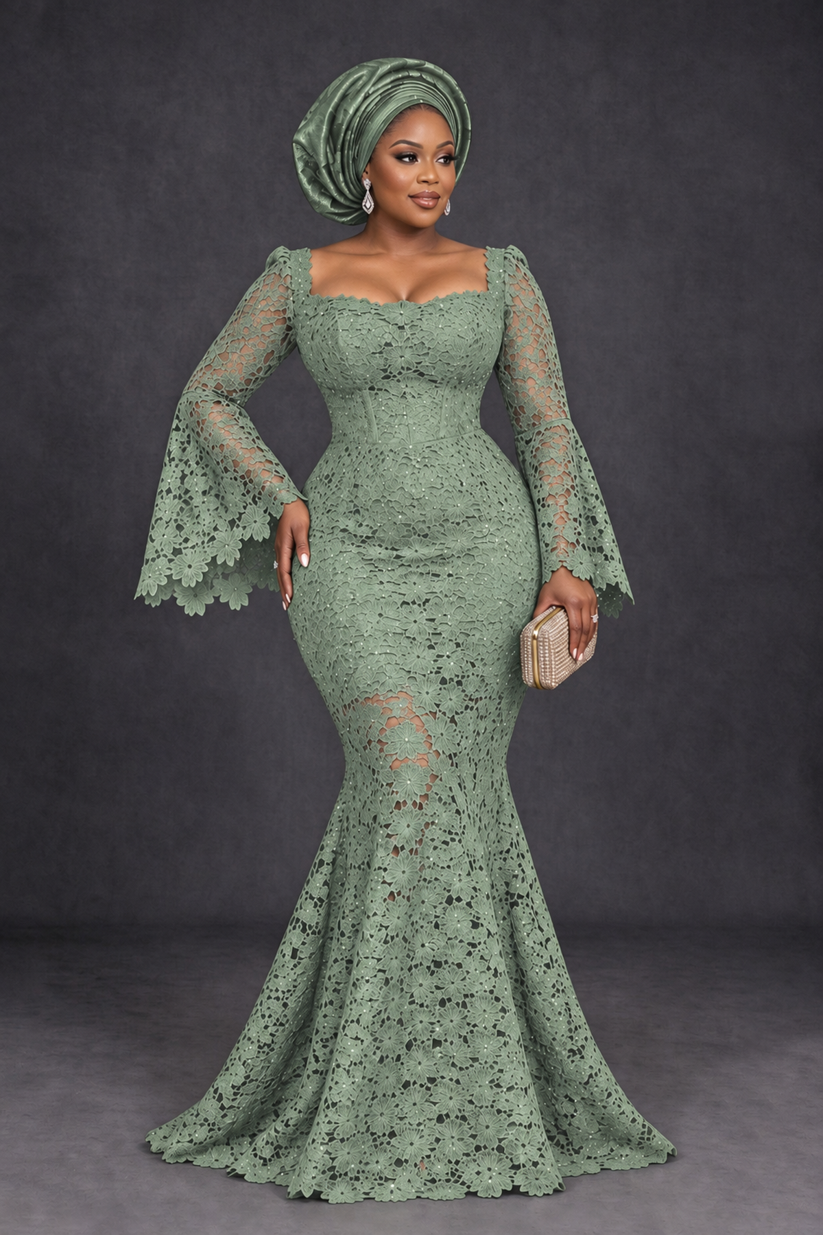BOLODOO Sage Green African Lace Mermaid Dress, Plus Size Nigerian Wedding Guest Gown with Bell Sleeves - Sage Green - Sage Green_1