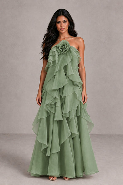 BOLODOO Sage Green Cascading Ruffle Rosette Open-Back Maxi Dress - Sage Green - Sage Green_1