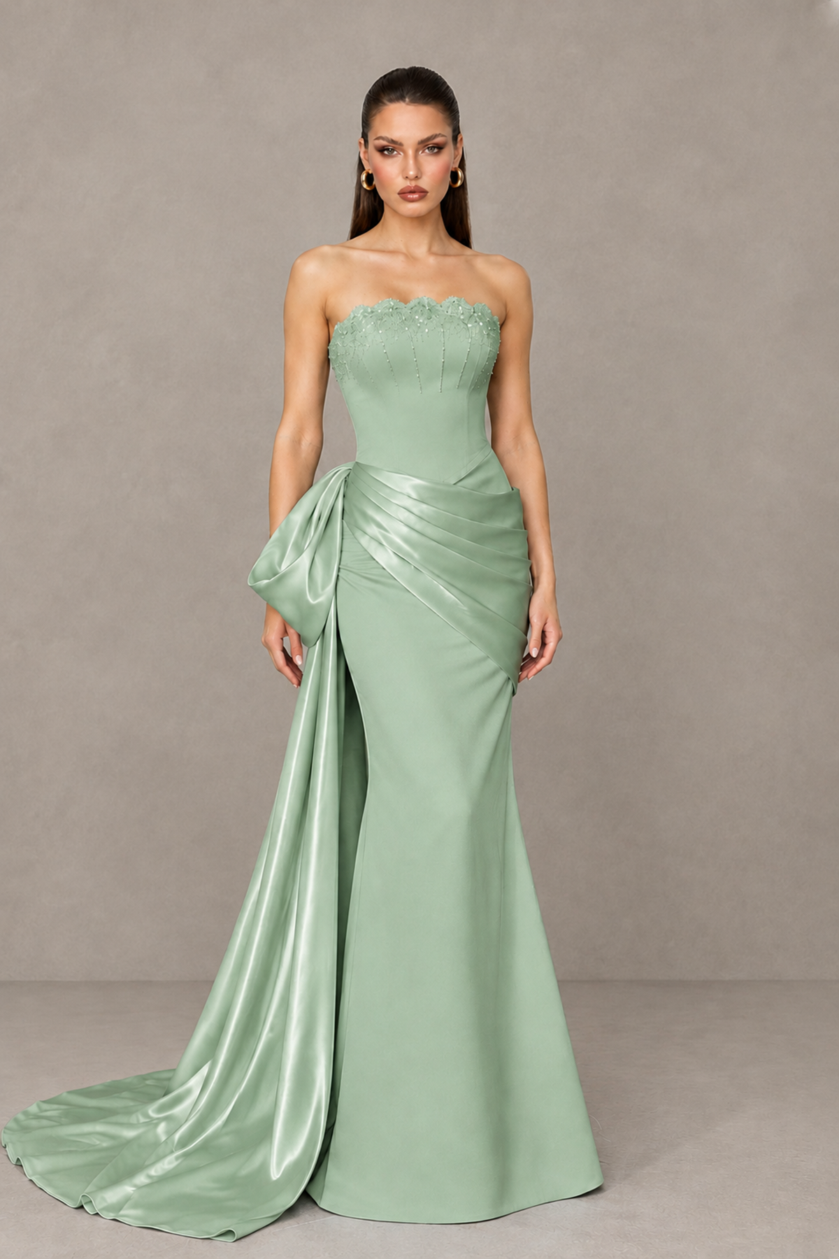 BOLODOO Sage Green Strapless Satin Prom Dress with Draped Side Train - Sage Green - Sage_Green_1