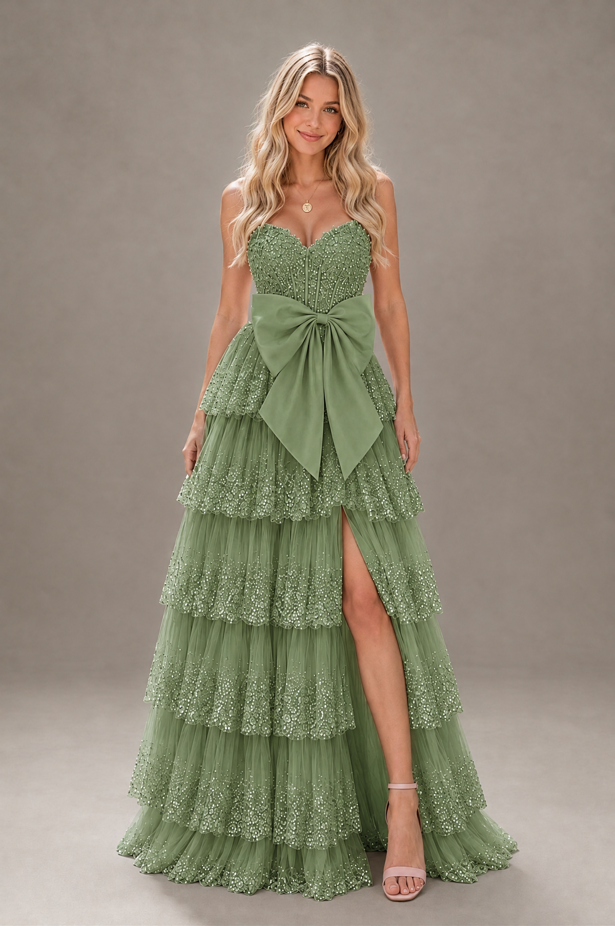 BOLODOO Sage Green Strapless Tiered Tulle Prom Dress with Bow - Sage Green - Sage_Green_1