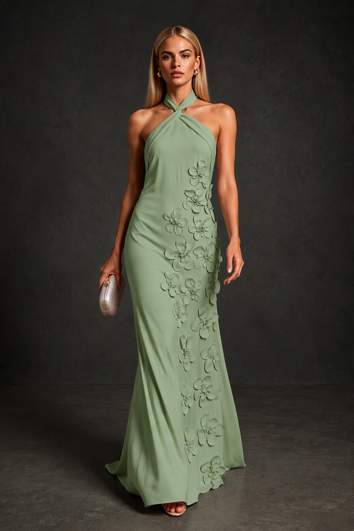 BOLODOO Sage Green Cross Halter Neck 3D Floral Appliqué Backless Mermaid Maxi Gown - Sage Green
