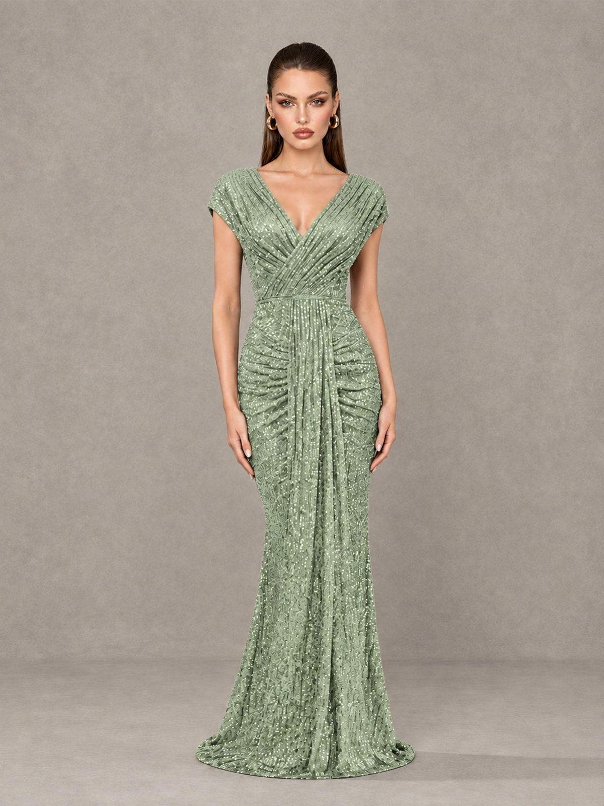 BOLODOO Sage Green Glitter V-Neck Cap Sleeve Ruched Mermaid Evening Gown - Sage Green - Sage Green_1